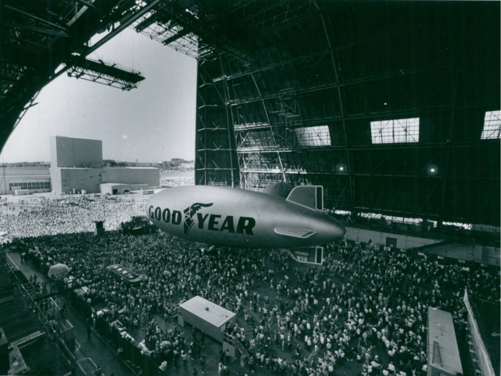 Goodyear opened its airdock to the public on Sept. 13, 1986. Six days later, Sir James Goldsmith bought his first Goodyear shares and the takeover attempt was on.
